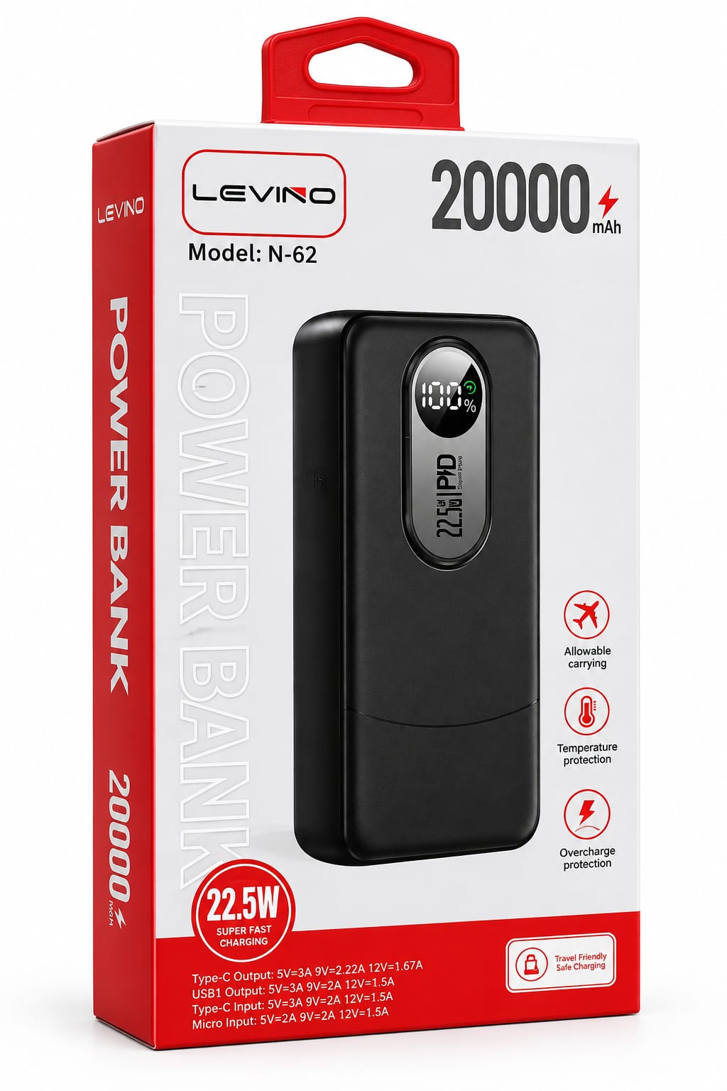 LEVINO N-62 20000mAh Power Bank 22.5W Fast Charging – Black
