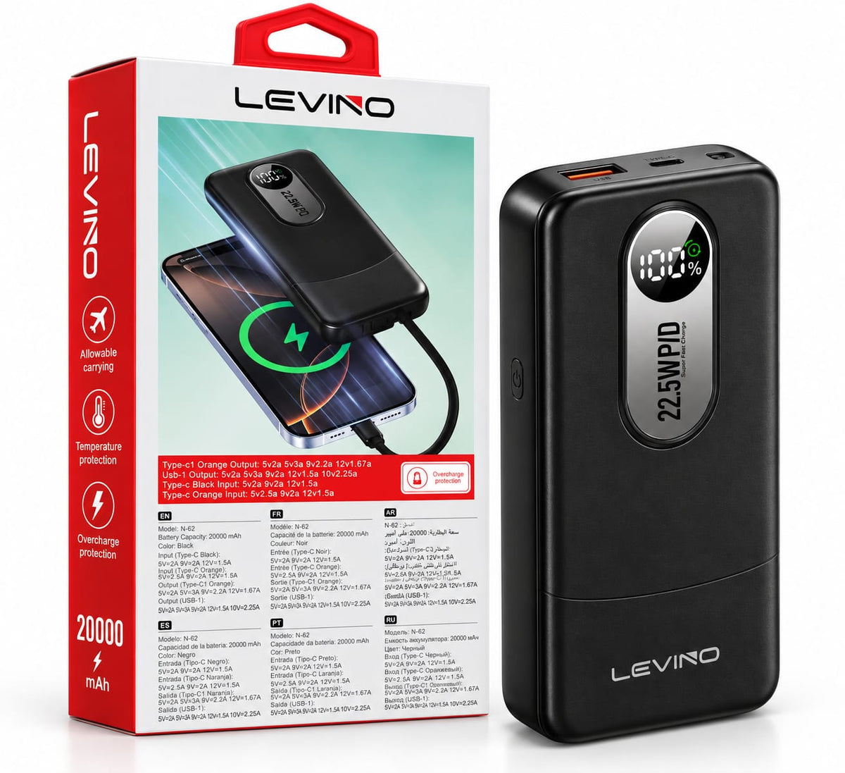 LEVINO N-62 20000mAh Power Bank 22.5W Fast Charging – Black