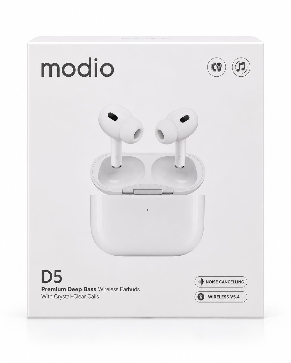 MODIO D5 Premium Deep Bass Wireless Earbuds – White