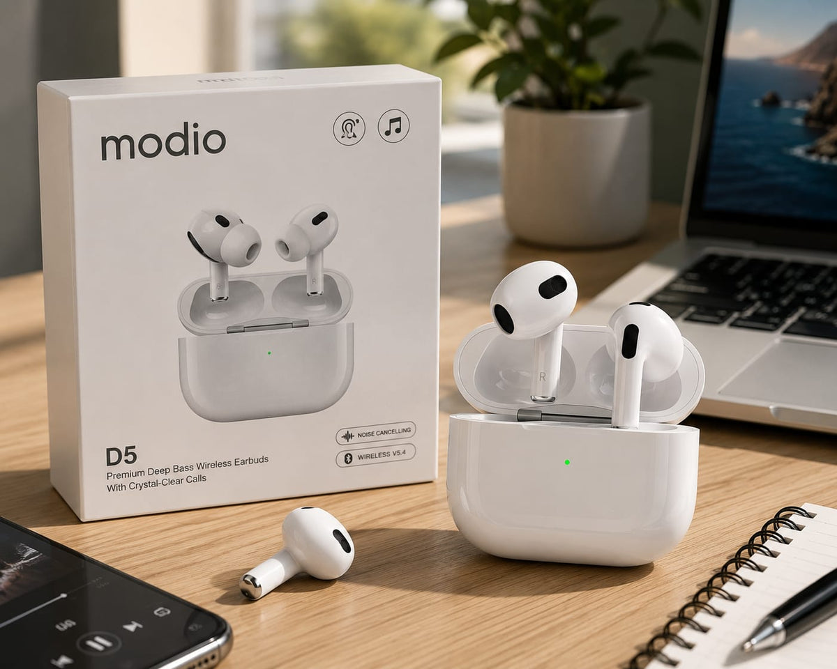 MODIO D5 Premium Deep Bass Wireless Earbuds – White