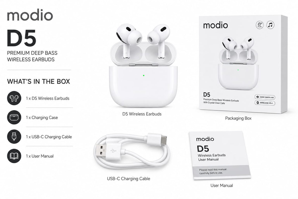MODIO D5 Premium Deep Bass Wireless Earbuds – White