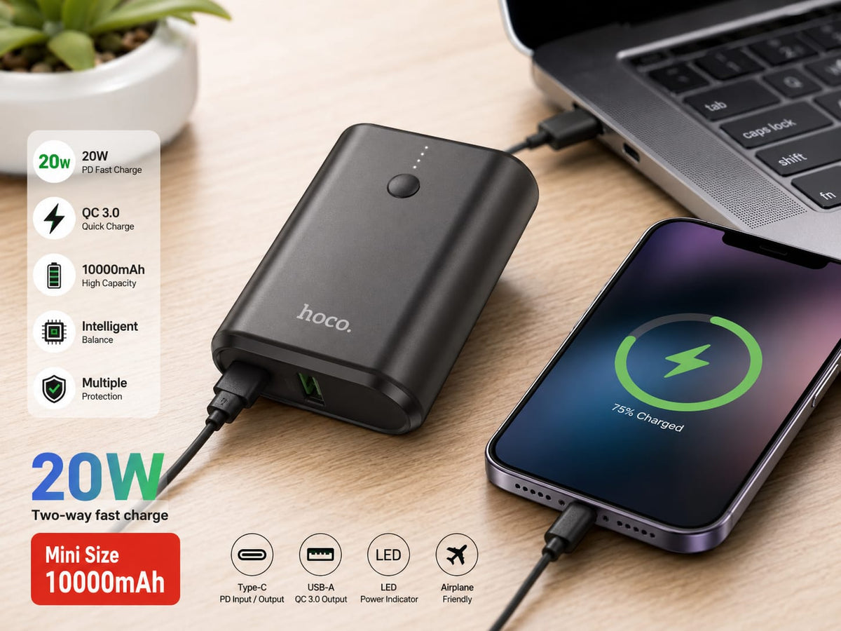 HOCO Q3 10000mAh Mini Power Bank, 20W PD Two-Way Fast Charging