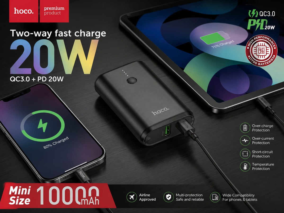 HOCO Q3 10000mAh Mini Power Bank, 20W PD Two-Way Fast Charging